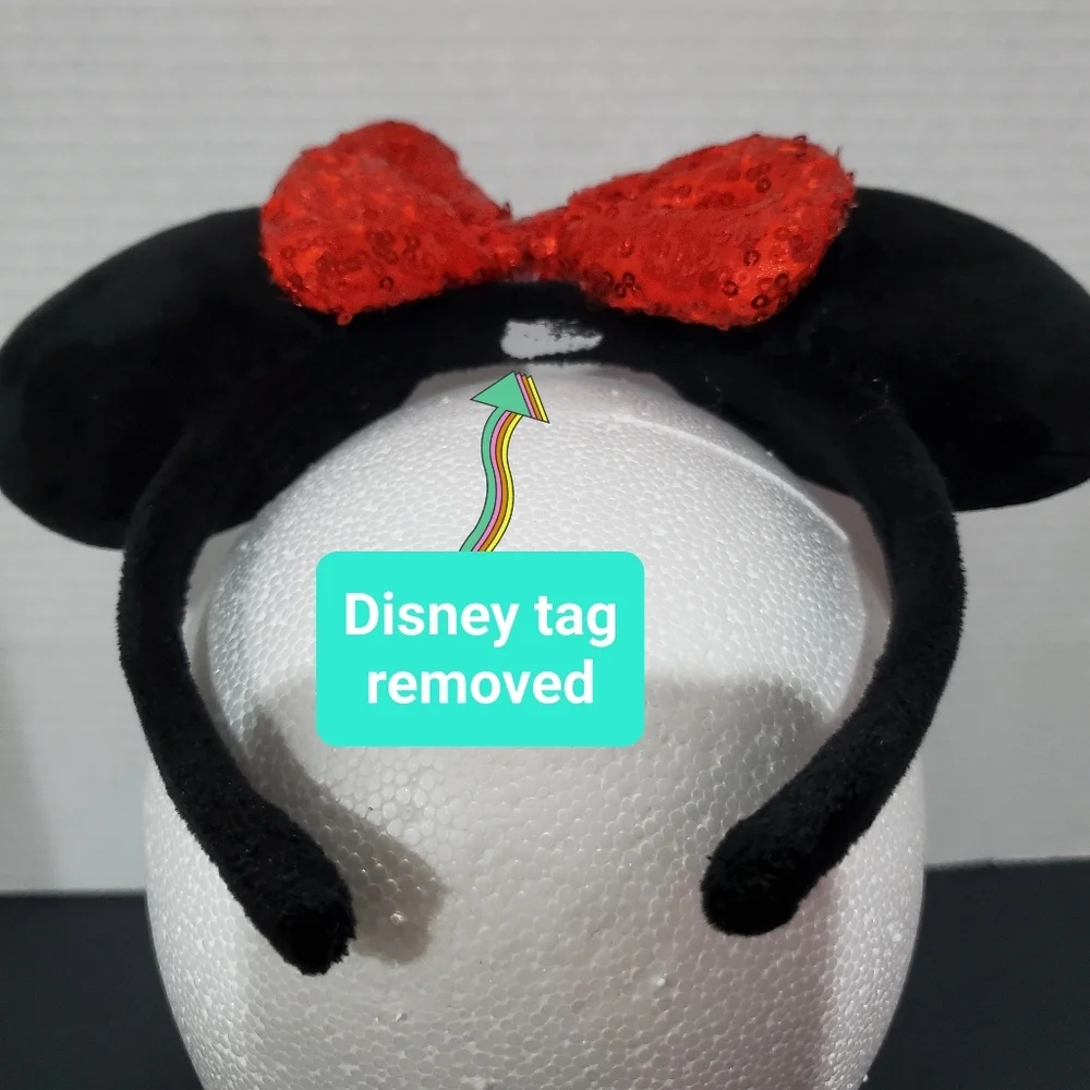 Disney Parks Minnie Mouse Black Plush Ears Red Seqin Bow Headband L👀K